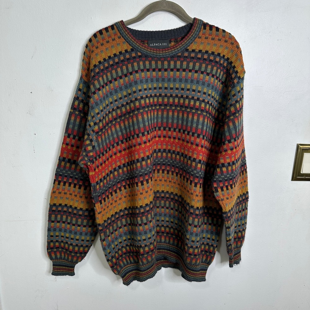 Alpaca 111 Mens 100% Alpaca Wool Geometric Knit Sweater Peru Multi M Cosby